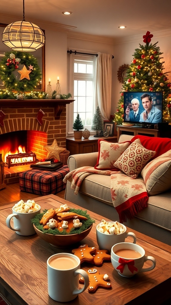 Cozy Christmas Movie Night Ideas A warm and inviting Christmas movie night setup with decorations, snacks, and a glowing fireplace.